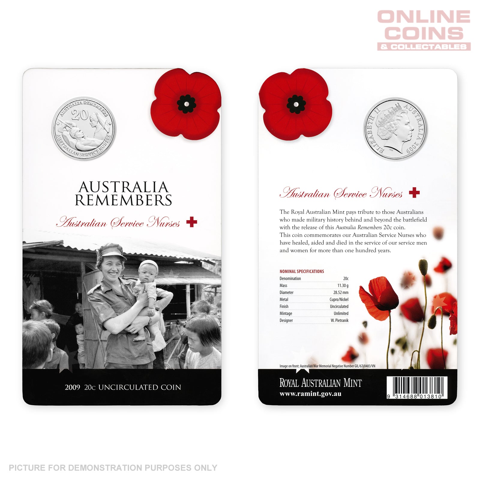 2009 Royal Australian Mint - Australia Remembers - Nurses - Uncirculated 20c Carded Coin